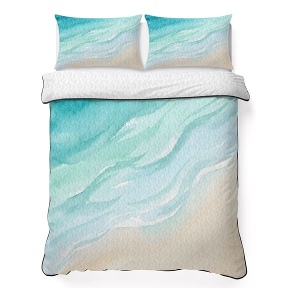 Quilts King Size Bedding Set, Turquoise Beach Lightweight Quilted Comforter, Summer Coastal Abstract Ocean Wave Soft Reversible Bedspread Coverlet with Pillow Covers for All Season, 96" x 106"