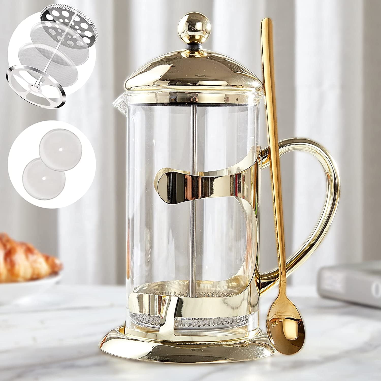 DUJUST Silver French Press Coffee Maker, Luxury Design French Coffee Press  with 4-Level Filter System, High-Grade Glass for Hot & Cold Resistance
