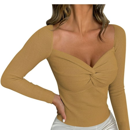 

JDEFEG Plus Too Woman Fashion Corset Front Wide Collar Long Sleeve Temperament Sweater Top Swim Tops for Plus Size Long Sleeve Shirts for Women Polyester Gold Xl