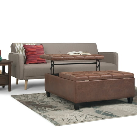 Simpli Home - Harrison 36 inch Wide Transitional Square Coffee Table Storage Ottoman in Faux Leather - Distressed Umber Brown