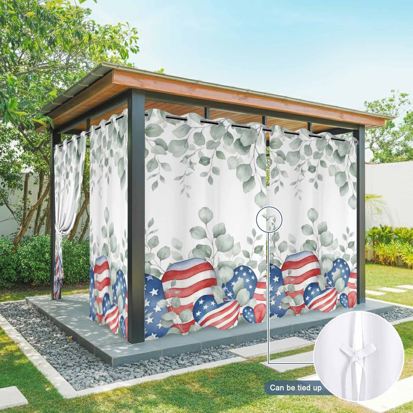 Independence Day Outdoor Curtains for Patio, Red Blue Star Stripe Love Heart Eucalyptus Leaves Sunshade Privacy Drapes Grommet Waterproof Outside Curtains for Porch/Cabana/Balcony 54"x 108", 1 Panel