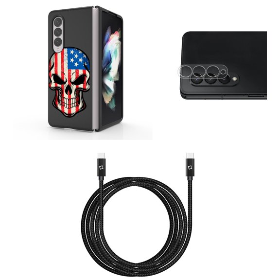 Accessory Bundle for Galaxy Z Fold 4: Slim Snap-On Case (American Skull), Rear Camera Glass Protector, Nylon Braided USB-C to USB-C Cable (4 Feet)