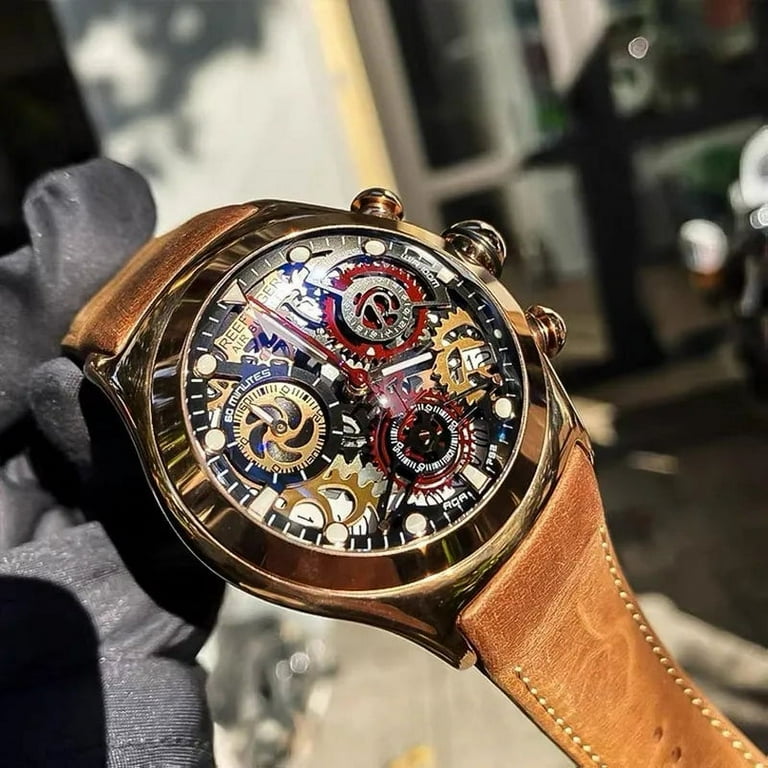 Reef Tiger/RT Mens Sport Watches with Chronograph Skeleton