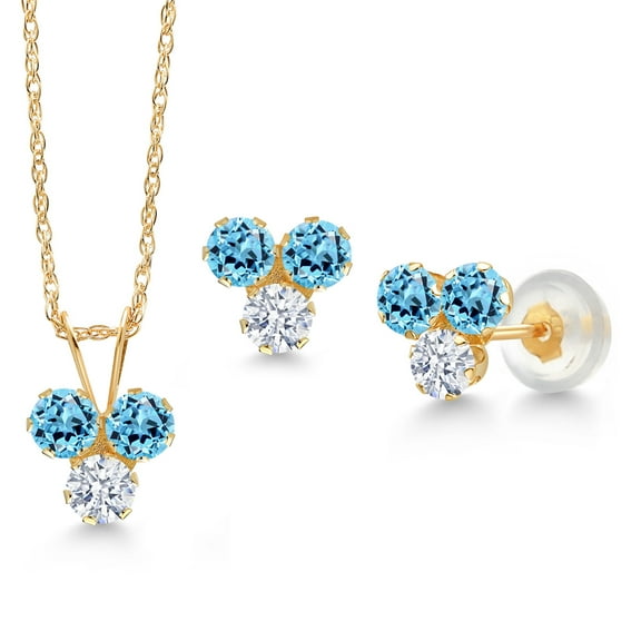 Gem Stone King 14K Yellow Gold Swiss Blue Topaz and White Zirconia 3 Stone Pendant Earrings Set for Women (1.23 Cttw, Round 3MM, with 18 inch Chain)