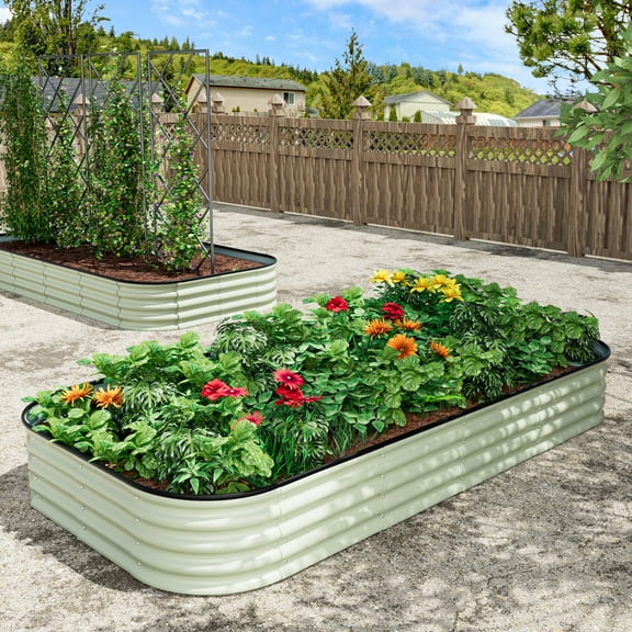 VEIKOUS Galvanized Raised Garden Bed, 8 x 4 x 1 FT Outdoor Modular Planter Box for Vegetables, Flowers, Herbs, Cream White