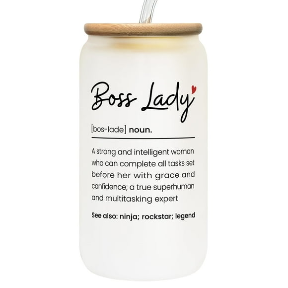 Vaso para beber TEEBIM Boss Lady de cristal de 473 ml con tapa de bambú