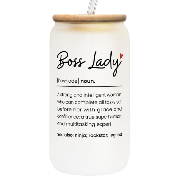 Vaso para beber TEEBIM Boss Lady de cristal de 473 ml con tapa de bambú