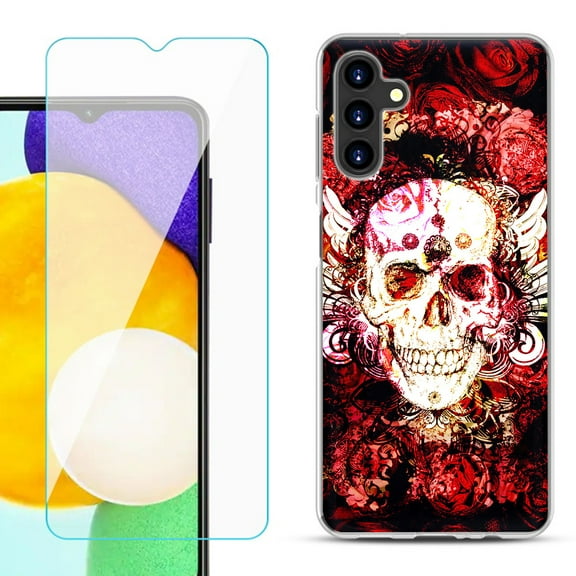 Slim-Fit TPU Fashion Phone Case for Samsung Galaxy A13 5G, with Tempered Glass Screen Protector, by OneToughShield ® - Rose Skull