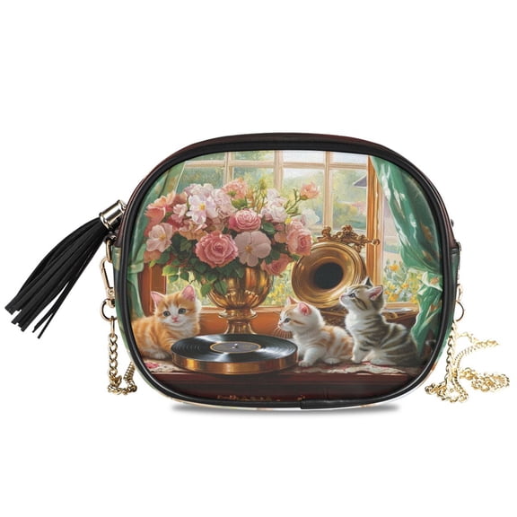 Womens Casual Chain Shoulder Bag Simple style Kittens Flowers Gramophone Record Crossbody Bag