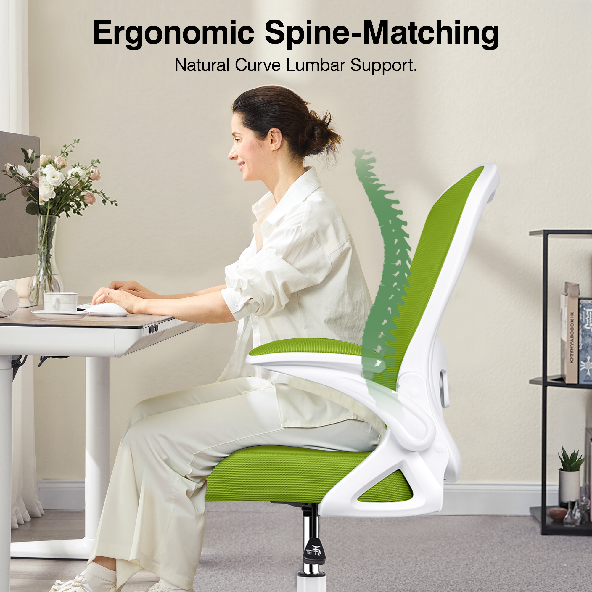 ATHOPE Ergonomic Office Chair, Mesh Desk Chair with Lumbar Support, Tall Office Chair with Flip-Up Armrests and Footrest Ring, Adjustable Computer Chair for Standing Desk Home Office, Green