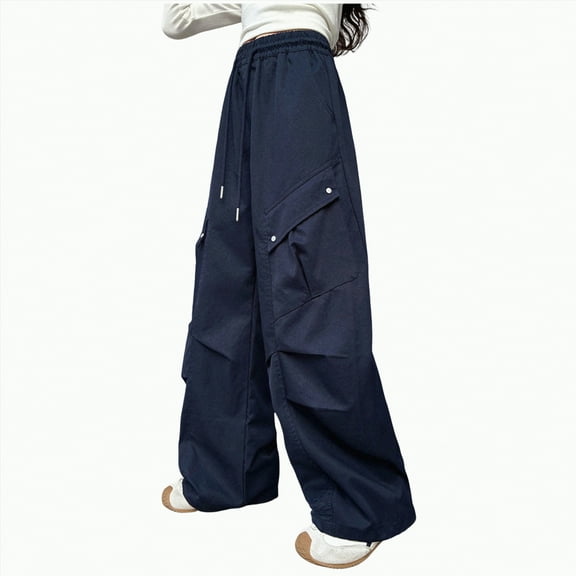 mgoYE Toddler Jeans Girls Girls Cargo Pants Baggy Y2K Cargo Trousers Jeans Wide Leg Pants with Multi Pockets Kids Jeans Girls(Navy,13-14 Years)