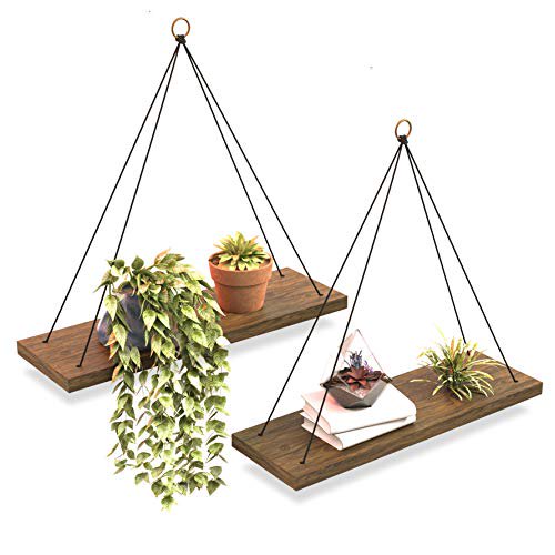 Boho Wall Hanging Shelf Set of 2 Wood Hanging Shelves for Wall