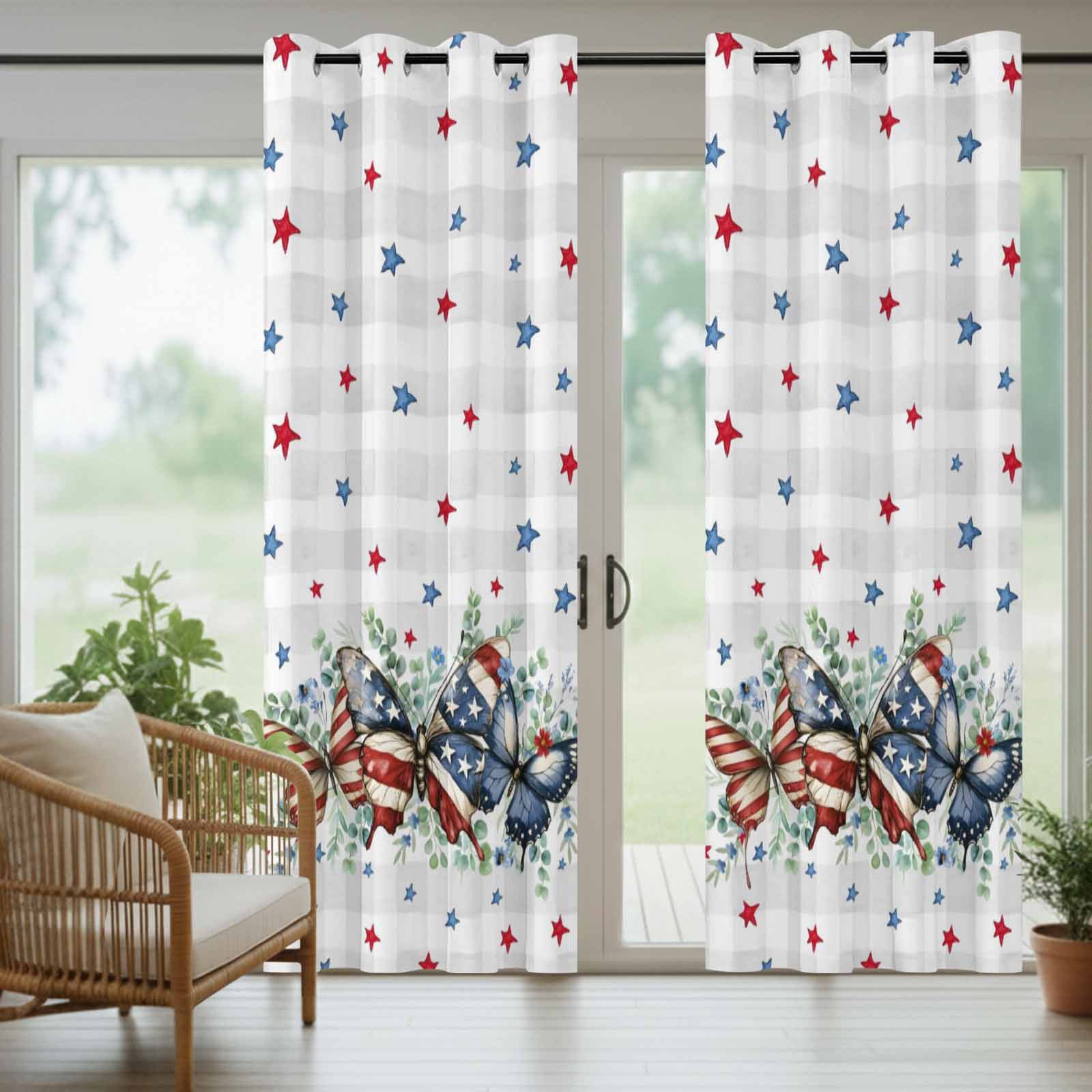 Independence Day Outdoor Curtains for Patio, Vintage Butterfly Star Leaf Gray Plaid Sunshade Privacy Drapes Grommet Waterproof Outside Curtains for Porch/Cabana/Balcony 54"x 108", 1 Panel