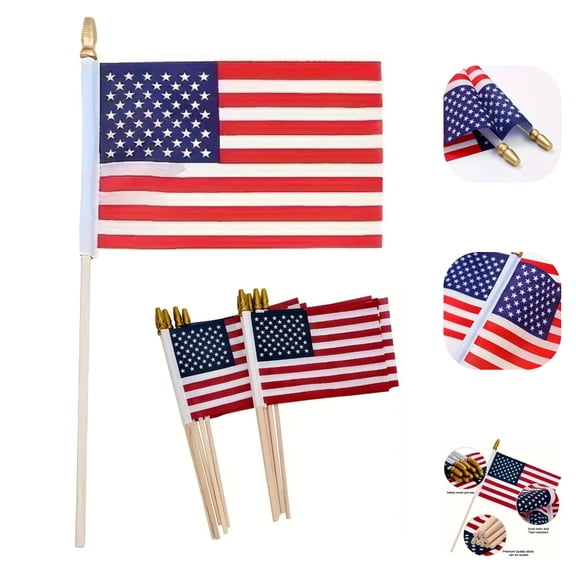 12 Pack Small US Flags On Stick, 8x12 Inch American Hand Held Flags With Kid-Safe Spear Top, Patriotic Decorations For 4th Of July, Memorial Day, 250th Anniversary, Parades