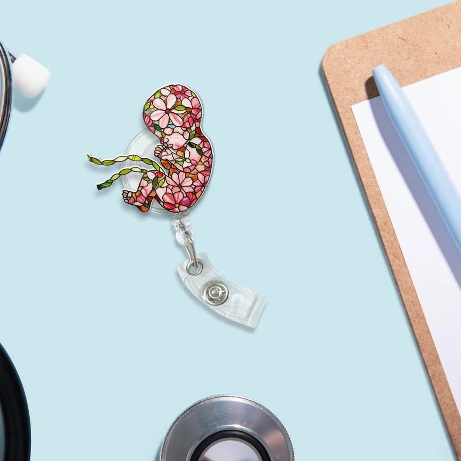 ViciArt Floral Fetus Badge Reel, Acrylic Retractable ID Holder, Pink Flower Pattern, OB Nurse Clip