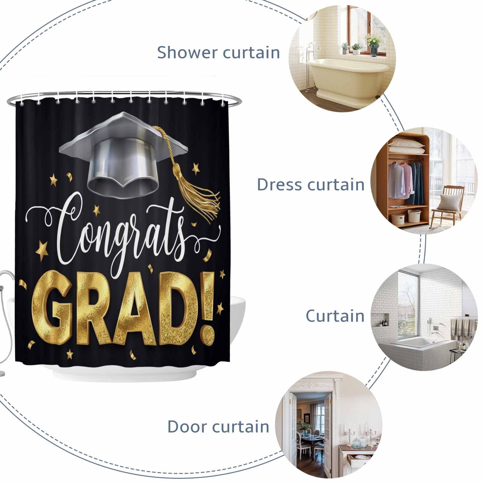 Graduate Season Shower Curtain, Congrats Grad Bachelor's Cap Celebration Black Waterproof Shower Curtain Set with 12 Hooks Lightweight Bath Curtains Fabric Bathroom Decor 72x78 Inches