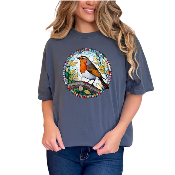 Colorful Bird Stained Glass Art T-Shirt, Unique Nature Inspired Apparel, Vibrant Bird Round Design Shirt, Casual Wear for Bird Lovers, Denim Comfort Colors T-Shirt, Small