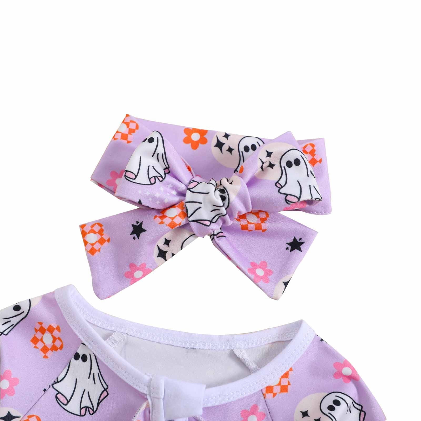 Baby Girl Bubble Romper Baby Girls Fall Full Zip Jumpsuit Cartoon Ghost Print Long Sleeve One Piece Pajama with Headband Soft Comfort Baby Boy Rompers Purple 6 Months-12 Months