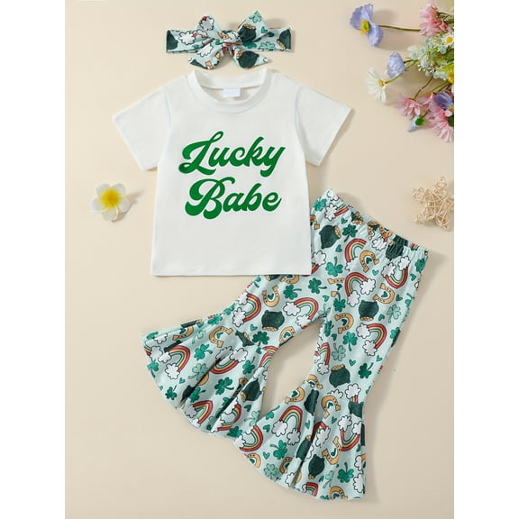 Zehjuhan Infant Baby Girl St Patricks Day Outfit Baby's "Lucky Babe" Print Short Sleeve Set, T-shirt & Rainbow Clover Pattern Flared Pants & Headband 3pcs Clothes