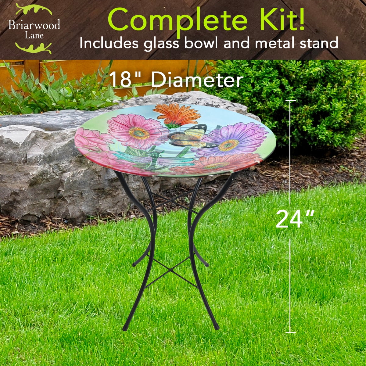 Briarwood Lane Spring Glass Birdbath Including Metal Stand Zinnias in Bloom For Spring Birdbath