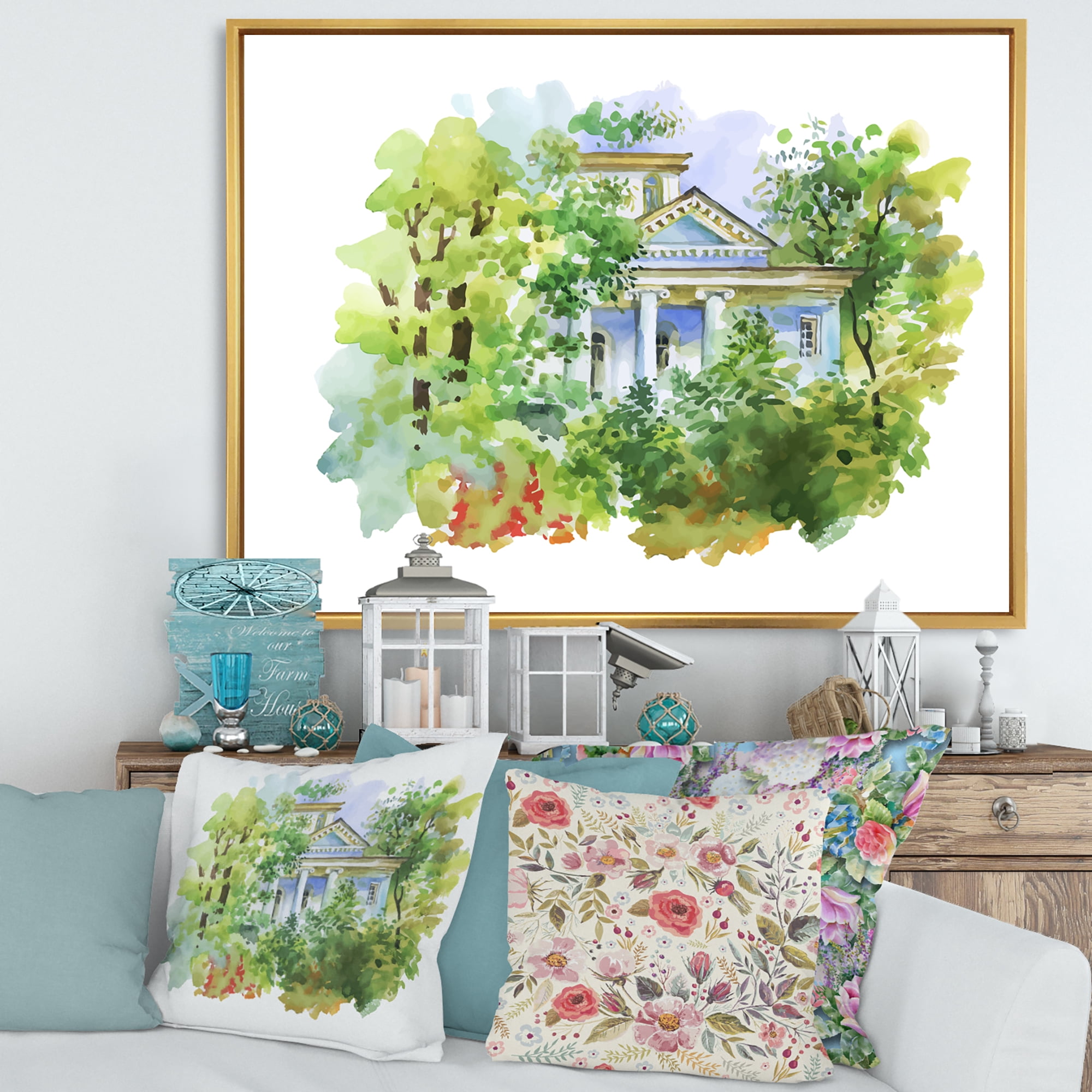 Designart 'White House In The Green Woods' Traditional Framed Canvas Wall Art Print