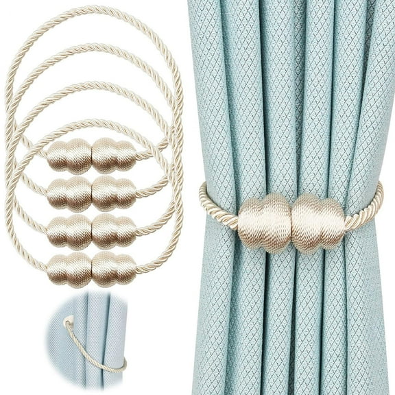 Magnetic Curtain Tiebacks,Rope Decorative Curtain Tie Backs Window Curtain Holdback for Home Outdoor Bedroom Office Decorative Curtain (Beige, 4)