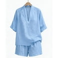 thumbnail image 4 of Lyrcatrment Short Sets for Women Linen 2 Piece Outfit Short Sleeve V Neck Shirt Wide Leg Shorts Summer Casual Travel Matching Outfits(X-Large,Blue), 4 of 4