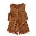 thumbnail image 5 of Kids Ethnic Style Suede Vest Set Hippie Tassel Outfit Casual Comfortable 2 Piece Set for Boys Girls - Brown - Size 130, 5 of 5