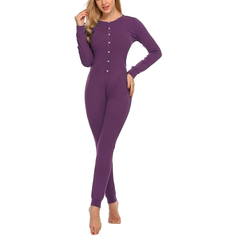 Womens One Piece Pajama Union Suit Thermal Underwear Set Sleepwear Pajama  Jumpsuit Union S-XXL A_purple Small 