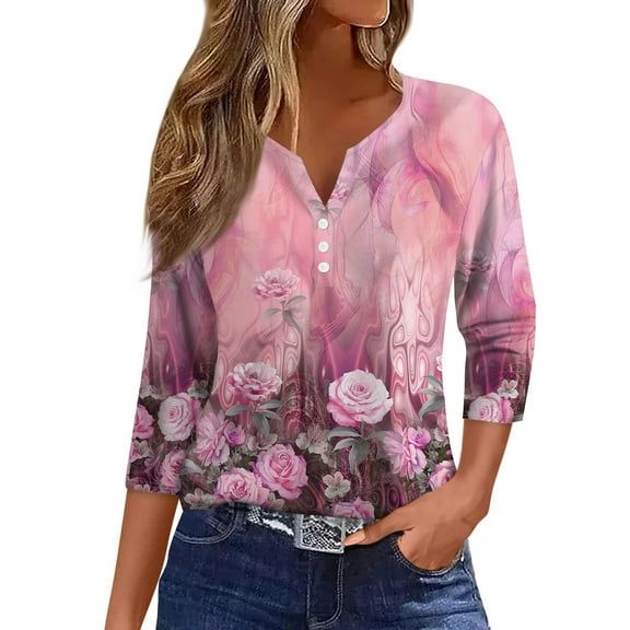 JULMCOMO 3/4 Sleeve Blouses for Women Loose Sunflower Print Tshirts Tunic Graphic Three Quarter Length Sleeve T Shirt Button-Down T-Shirts