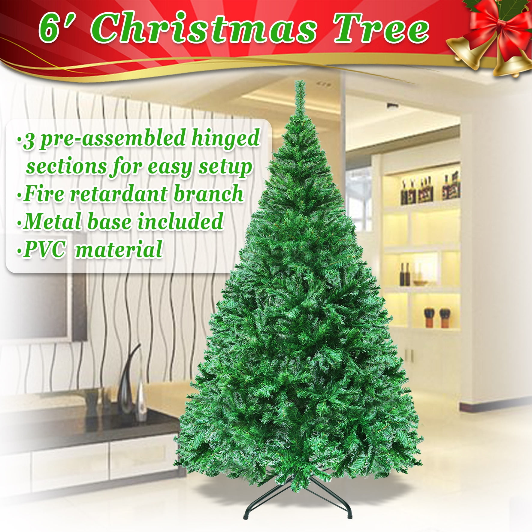 Strong Camel Artificial Christmas Tree Xmas Pine Tree with Solid Metal Legs Perfect for Indoor and Outdoor Holiday Decoration, 6',Green