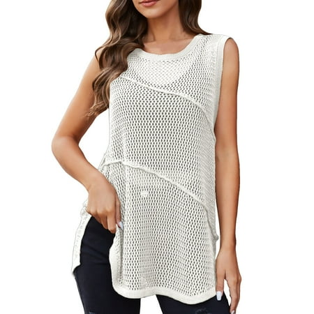 WERYOUNG Summer Tropical Brazilian Vacation Swimwear Beachwear Fashion Camisole Women Round Neck Hollowed Out Vest Knitted Sweater Comfort White L