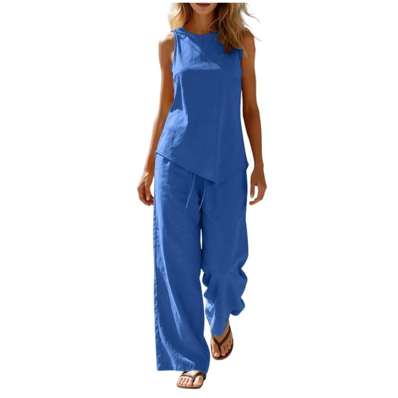 Lpmadey Women's 2-Piece Cotton Linen Sets, Sleeveless Crewneck Tank Top with Asymmetrical Hem and Drawstring Wide Leg Pants, Summer Casual Vacation Matching Outfit