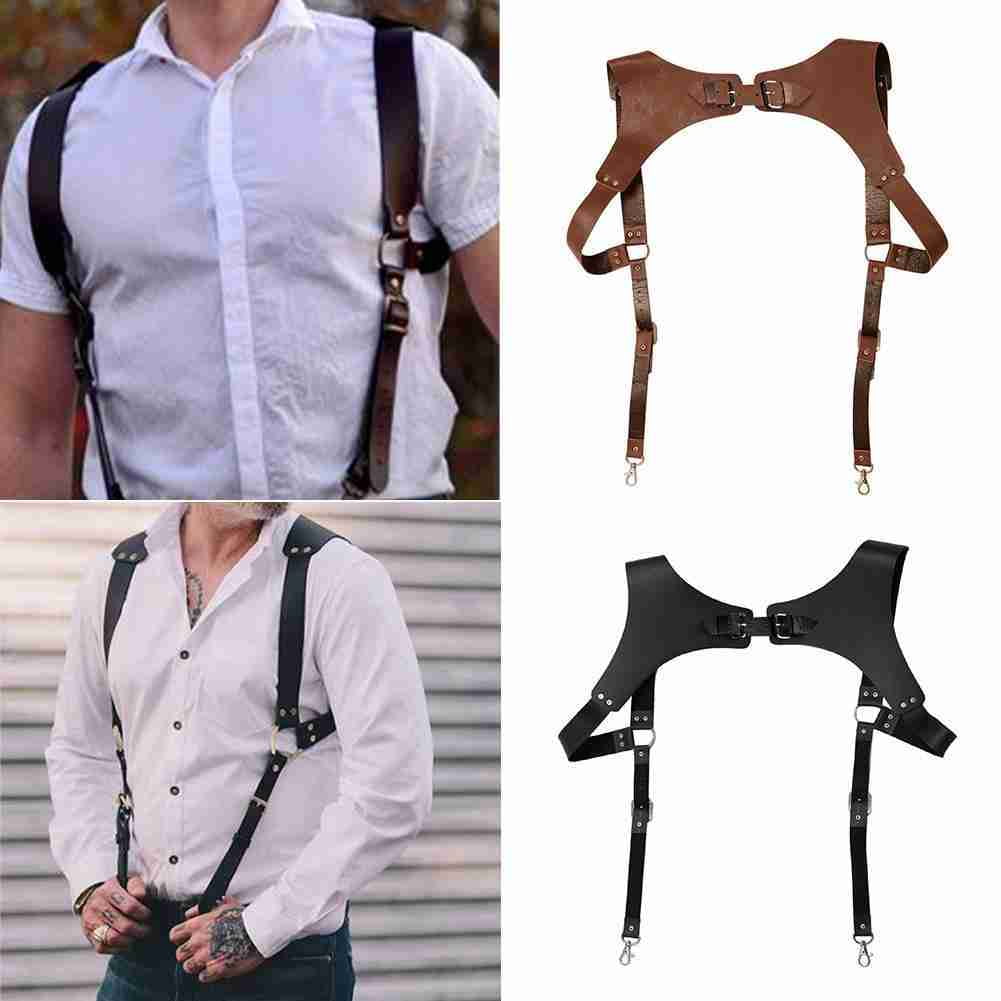 Black Mens Imitation Leather Shoulder Braces Belt Suspender Chest Harness Straps 