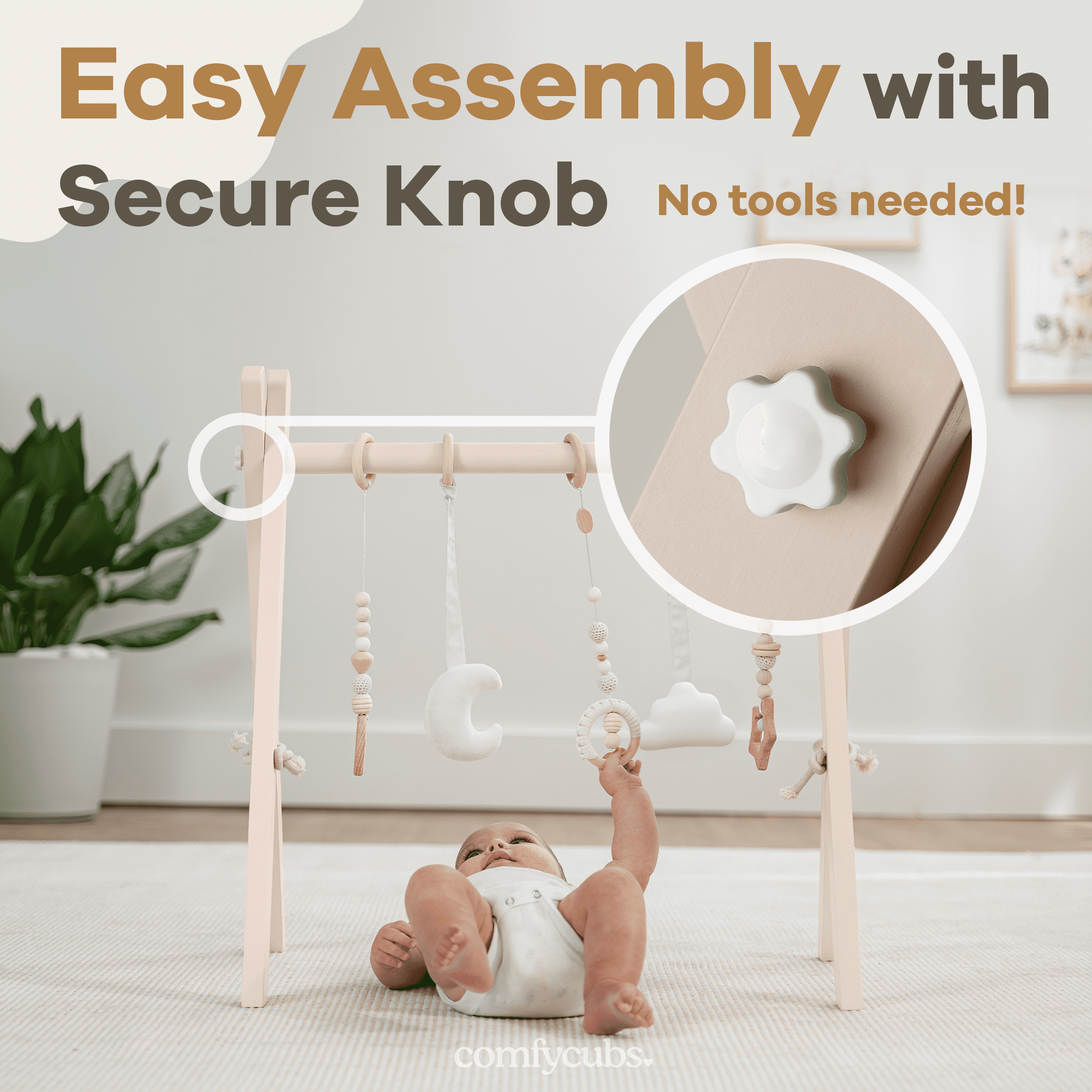 Comfy Cubs Baby Play Gym Set, Wooden Hanging Bar with Gym Toys, Foldable for Infants, Blush