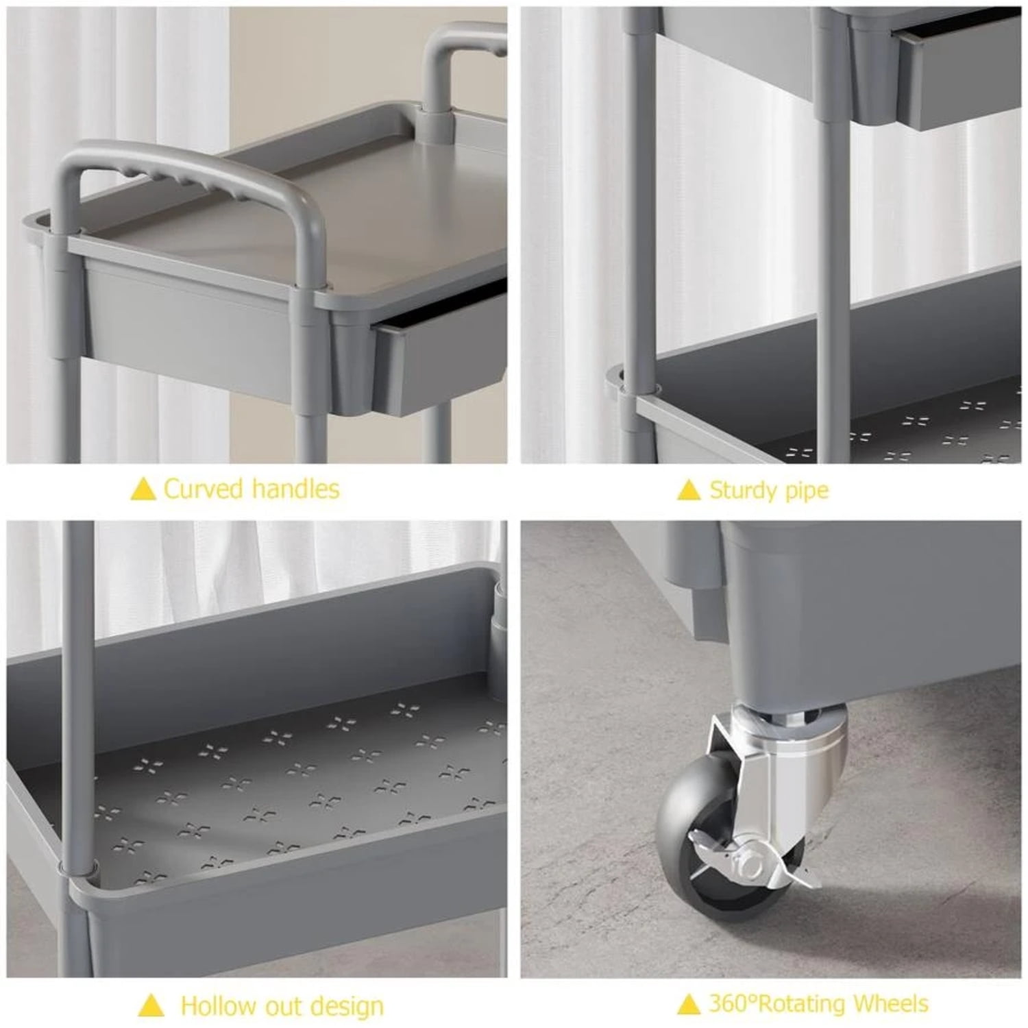 NTGFU 4 Tier Grey Rolling Utility Cart with Drawer, Utility Cart Made Of Multifunctional Storage Organizer Tool for Kitchen,Bathroom,Living Room,Office Outdoor Decor