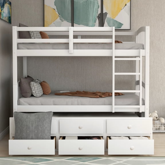 LHKJ Twin Bunk Bed with Ladder, Safety Rail and Trundle with 3 Drawers, White