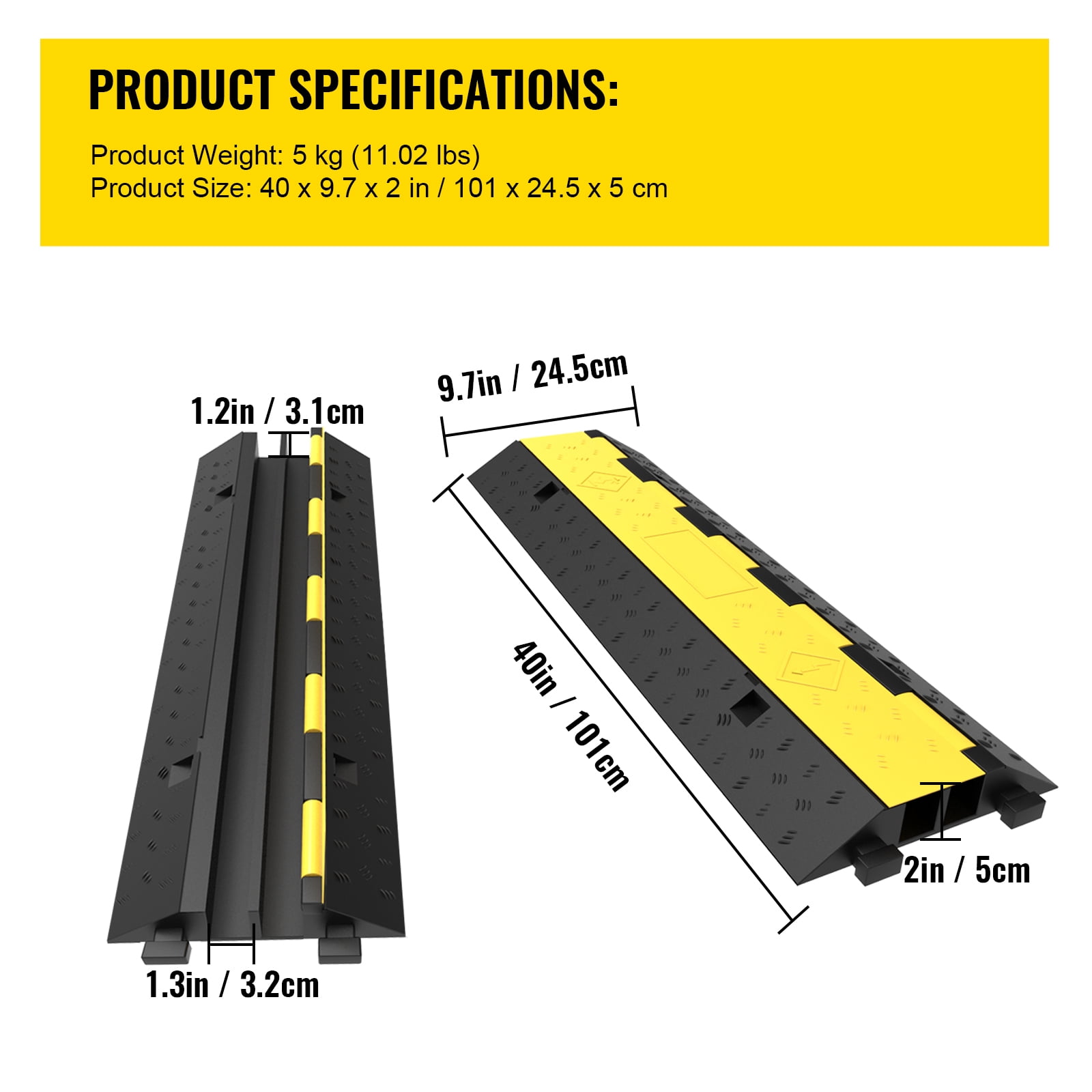 SKYSHALO Cable Protector Ramp, 5 Packs 2 Channels Speed Bump Hump, Rubber Modular Speed Bump Rated 11000 lbs Load Capacity