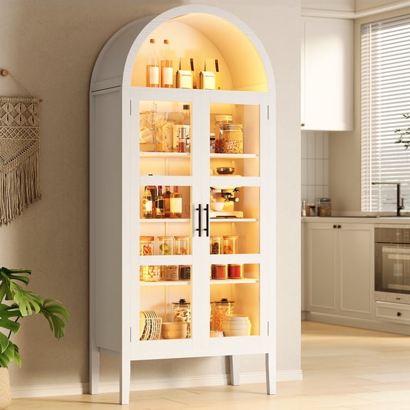 Yiwa 70" Arched Kitchen Pantry Cabinet with LED Lights – Modern Glass Door Display Cabinet with Adjustable Shelves, Anti-Tip Design for Kitchen, Dining Room, Living Room