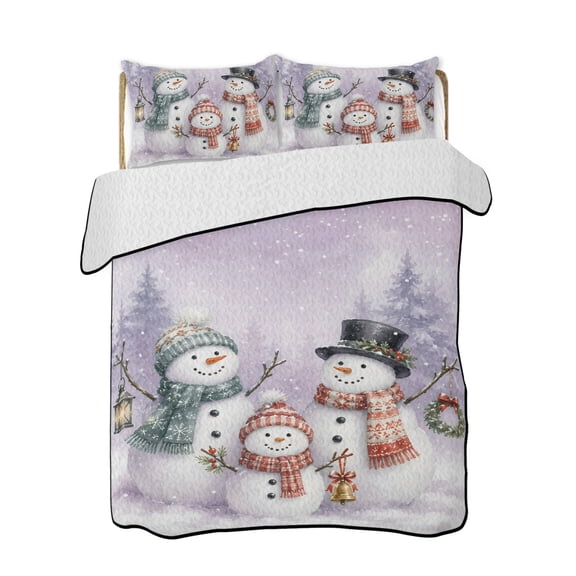 Winter Snowman Family Quilts Bedding Set California King Christmas Wreath Pine Trees Snow Purple Lightweight Quilted Bedspread 3 Piece Bed Quilt with 2 Pillow Shams All Season for Bedroom 96" x 106"