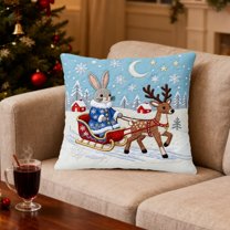 Reindeer Sleigh Christmas Pillow Cover – Festive Cotton Decorative Pillow Case with Classic Holiday Design Hidden Zipper for Sofa Bed Couch Living Room Home Christmas Decor Machine Washable