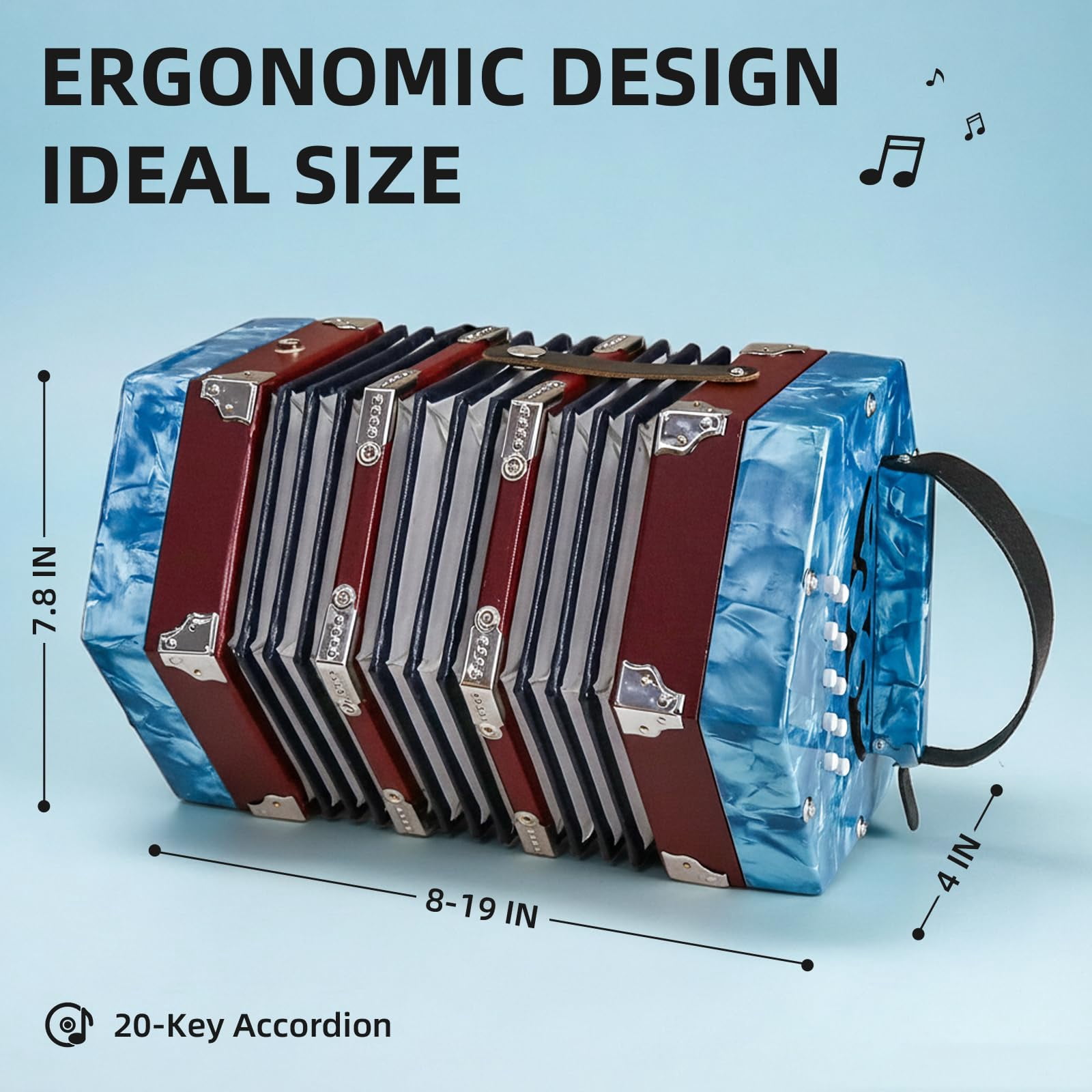 Rowadtim 20-Key Sky Blue Concertina Accordion for Adults, Professional Beginner Instrument with Adjustable Hand Straps and Full Accessories