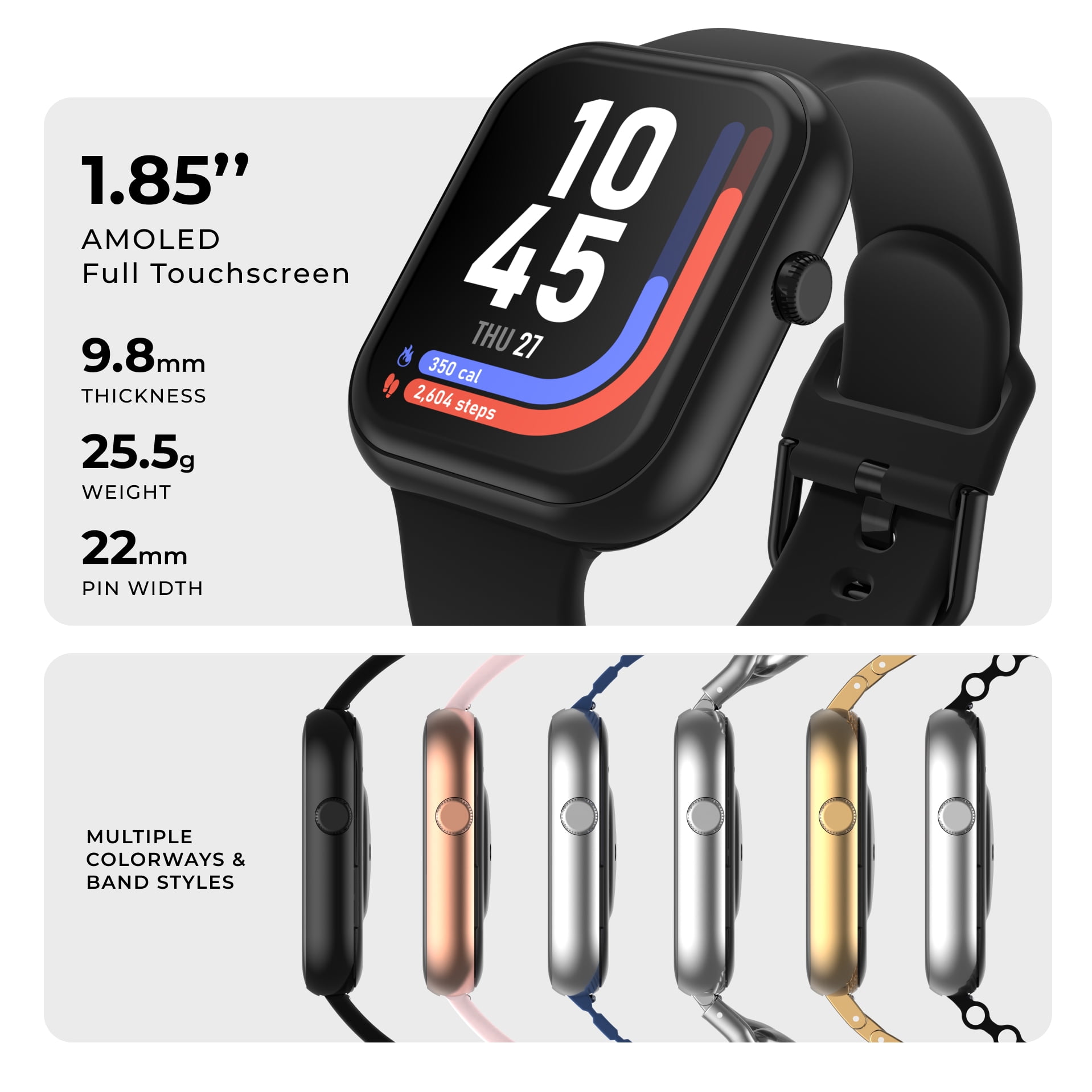iTOUCH AIR 5 Smartwatch – 1.85” AMOLED Display, Bluetooth Calling, 100+ Sport Modes, Heart Rate, SpO₂, Stress & Sleep Monitoring, IP68 Waterproof, for Android & iPhone - Silicone Strap for Adults