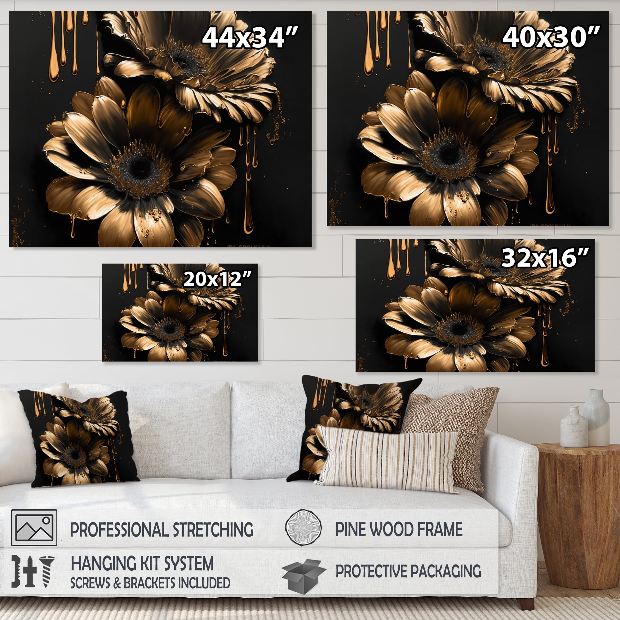 Designart Black And Gold Daisy III Canvas Wall Art