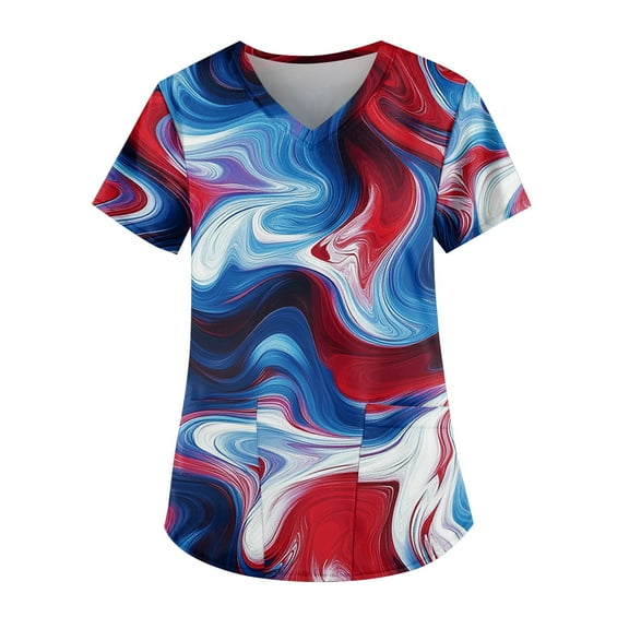 4Th Of July Shirts Women, Scrub Tops Plus Size V Neck Short Sleeve Workwear With Double Layer Pockets Red White And Royal Blue American Flag Top Cap Sequin Tops Shirts Tops (S, Blue) ZMTing