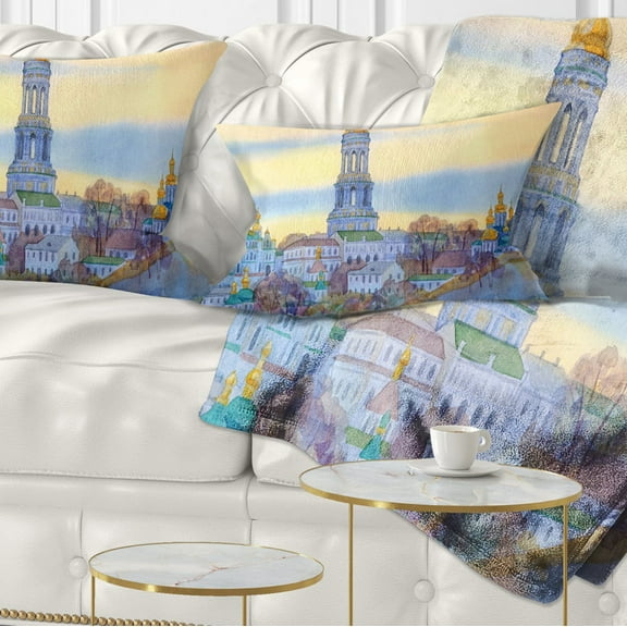 Designart Monastery on Steep Hill - Cityscape Painting Throw Pillow - 12x20