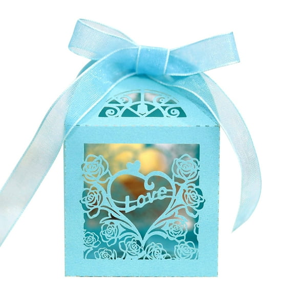 HUONA 50Pcs Hollow LOVE Heart Candy Boxes Cookie Gift Boxes Party Decoration Wedding Favors Chocolate Box for Wedding Bridal Party Supplies Blue