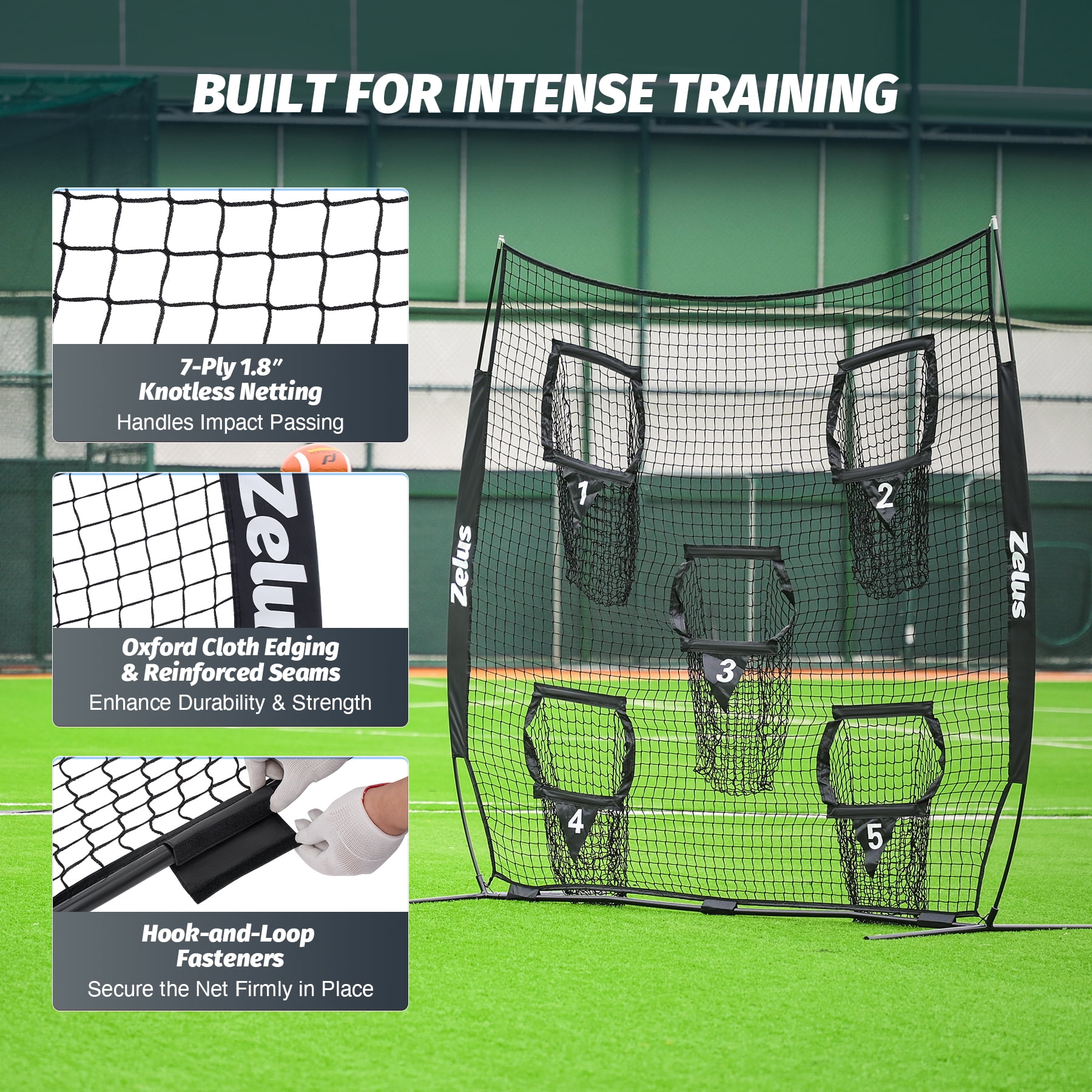 7x7ft Football Throwing Net with 5 Targets - Quarterback Training Gear for All Ages, Includes Carry Bag & Stakes, Black