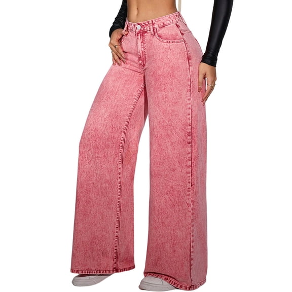 Women'S Baggy Straight Leg Jeans Elastic High Waisted Denim Pants Bottoms with Pockets Pink XXL