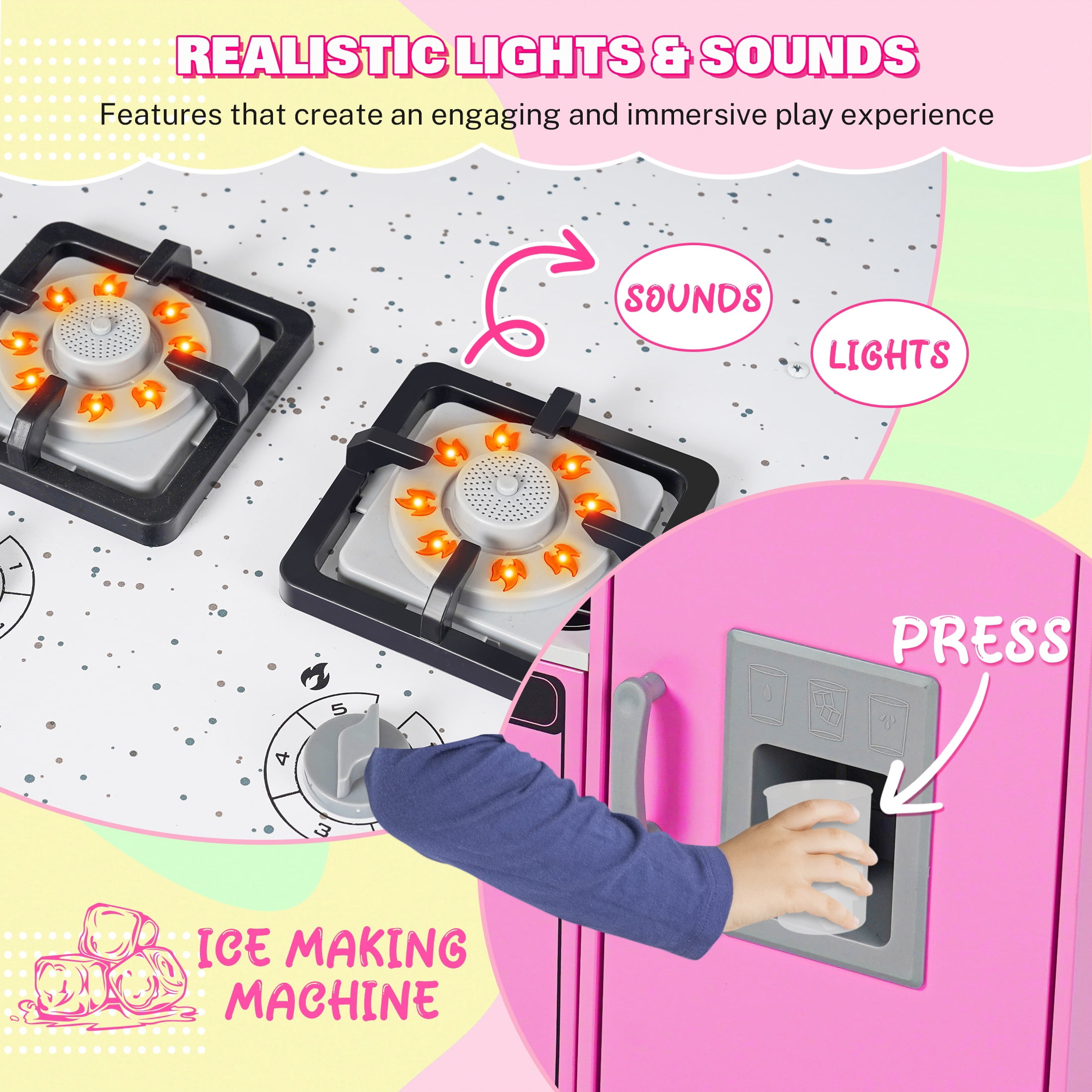 iYofe Play Kitchen Sets for Kids Ages 2+, Wood Kids Kitchen Playset for Toddlers with Real Lights & Sounds, Pretend Play Toys Kitchen with Cookware Accessories, Pink